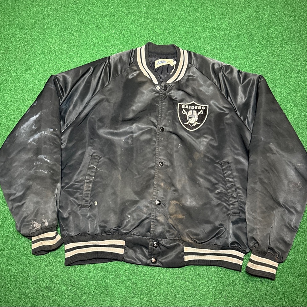 Vintage 80s Los Angeles Raiders Satin Jacket, Chalkline Bomber Football (Large)